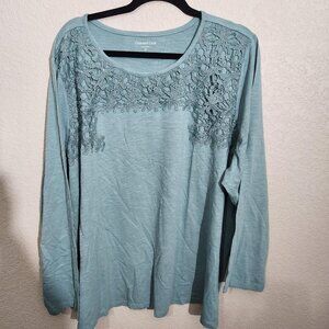 Coldwater Creek Shirt Womens 3X Shale Green Lace Yoke Long Sleeve